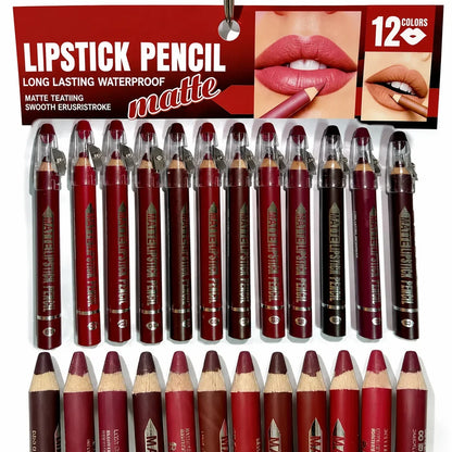 12Pcs Matte Lip Liner With Sharpener Set Waterproof Smudgeproof Precise Contour Lipstick Pens 🖌️